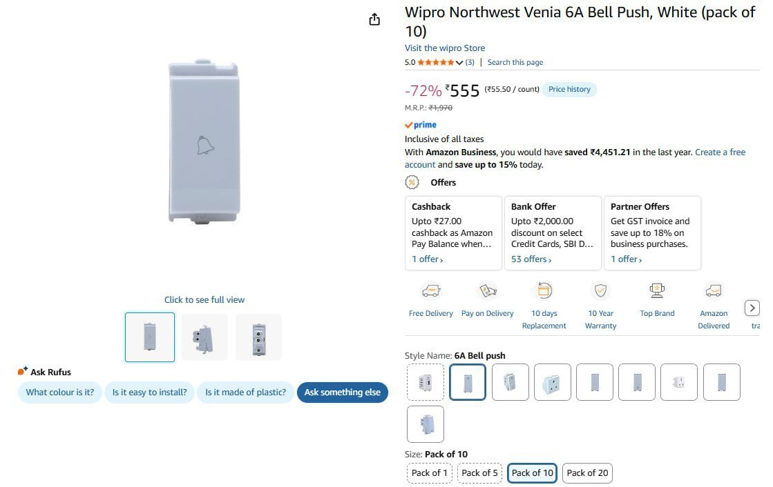 Wipro Northwest Venia 6a Bell Push (pack Of 10) 55