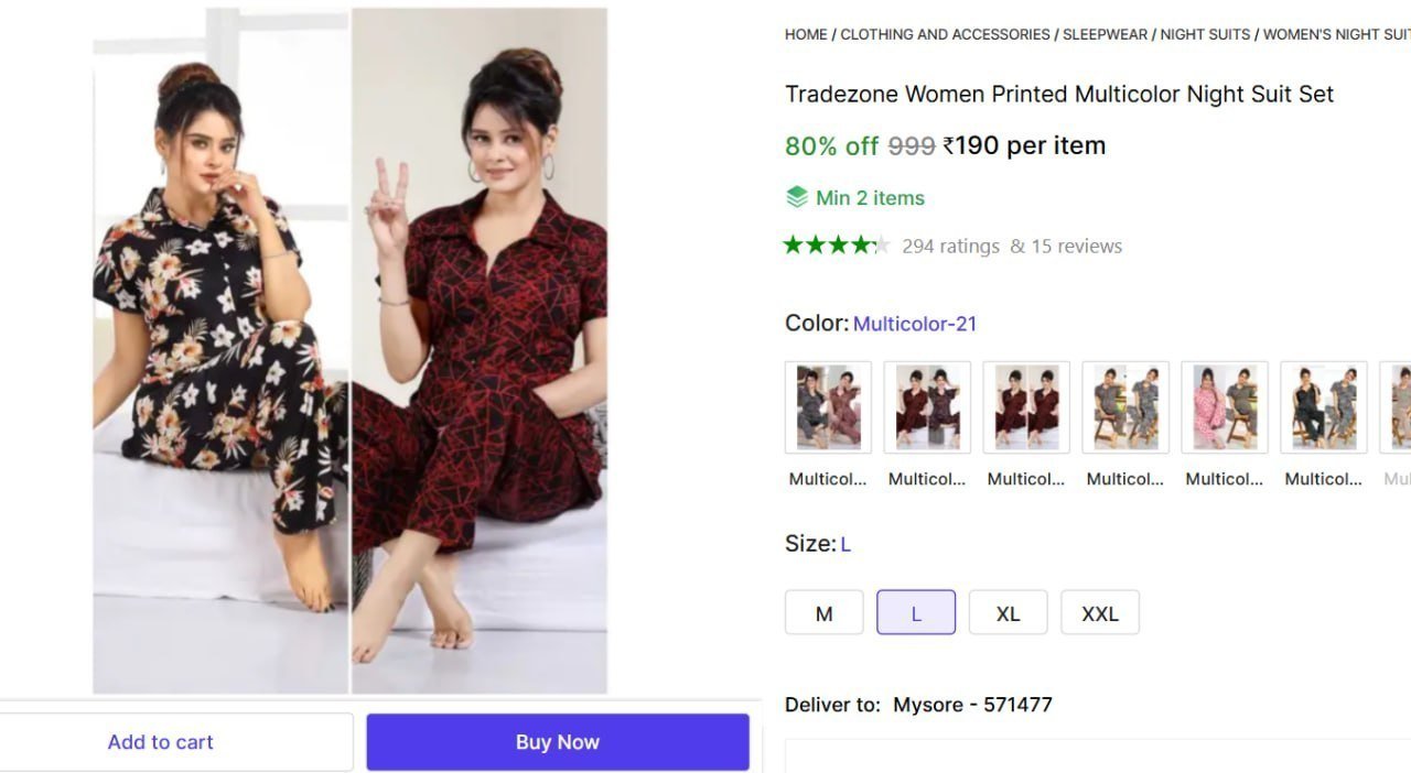 Women Printed Night Suit Set 190min 2 Buy