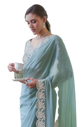 Women S Designer Beige Saree With Heavy Mirror Wor