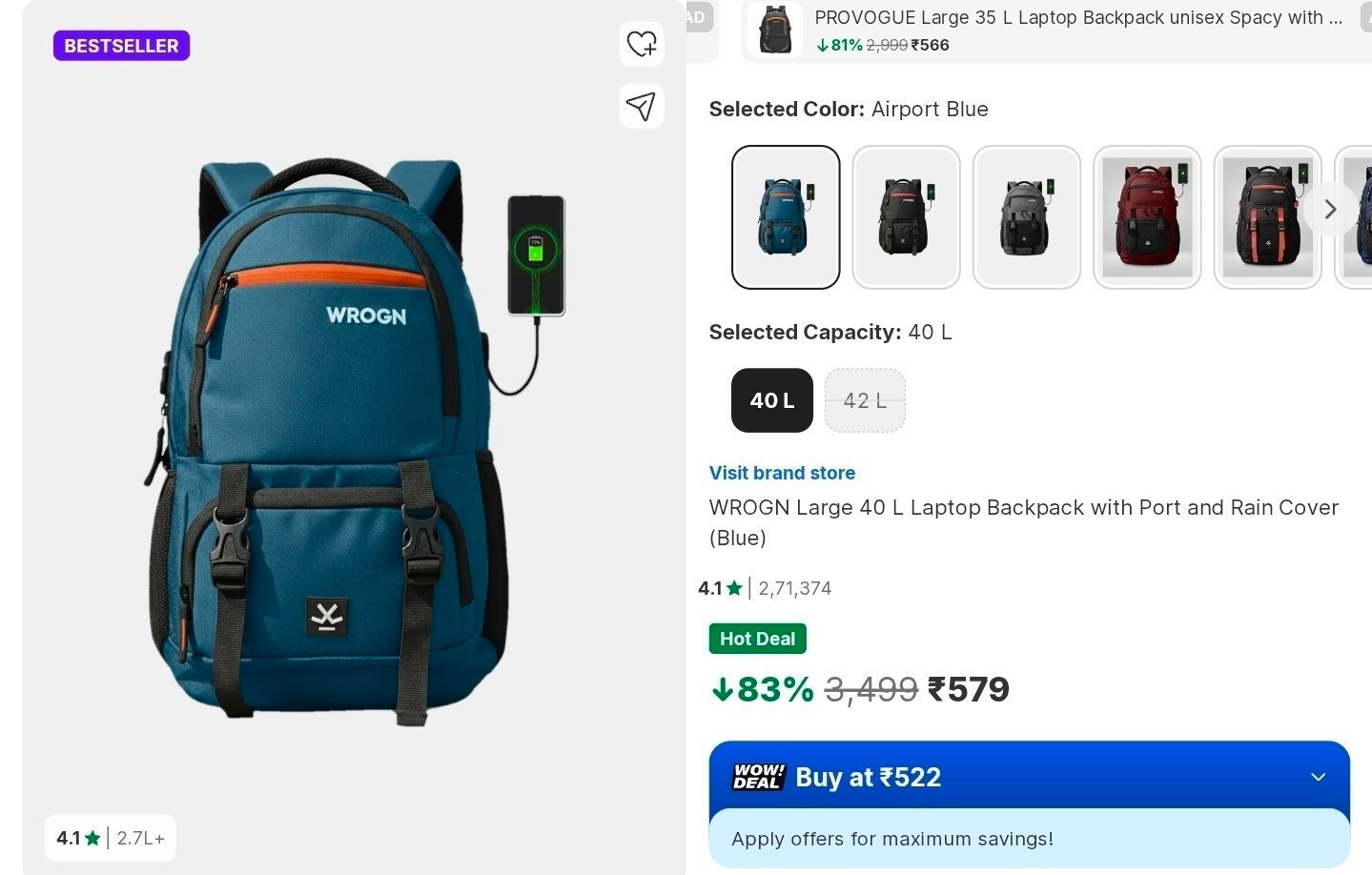 Wrogn 40l Laptop Backpack With Usb Port Rain 