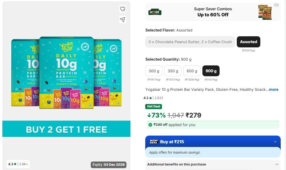 Yogabar Protein Bar 279 72