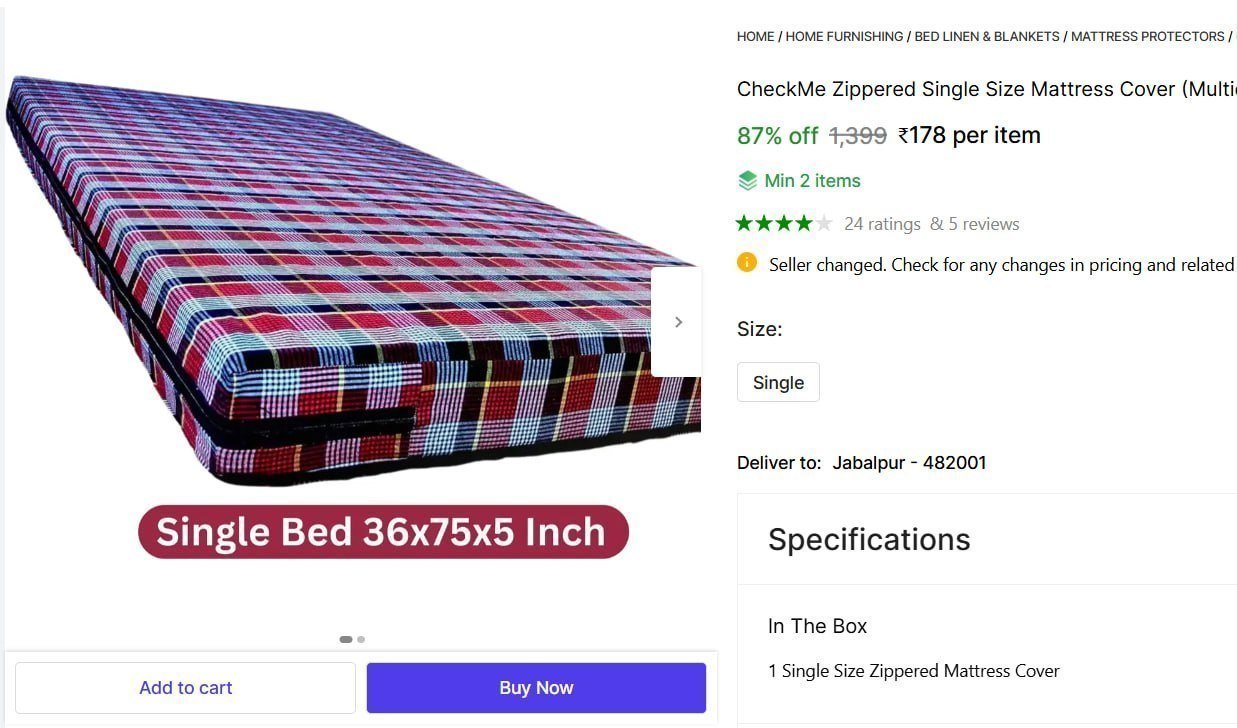 Zippered Single Size Mattress Cover (multicol