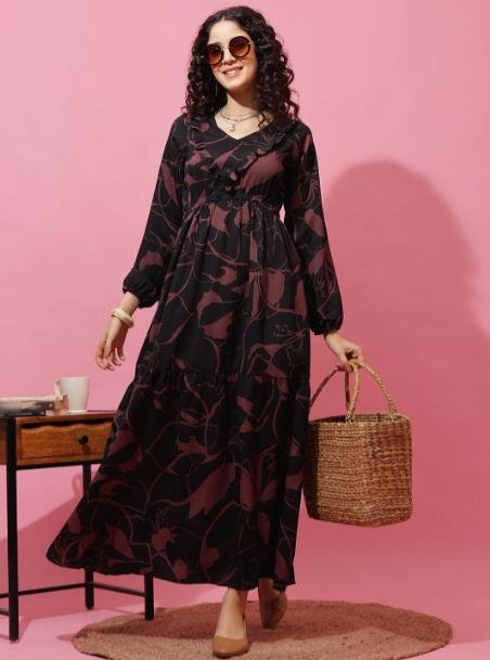 Women V-neck Floral Print Fit Flare Dress 340