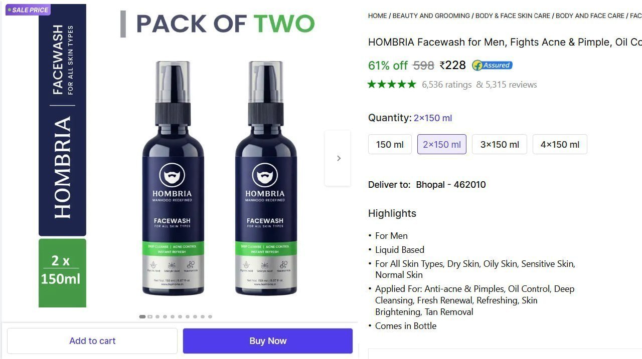 Hombria Facewash For Men (300 Ml) 228