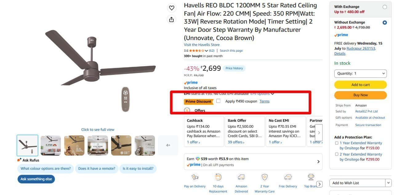 Havells Reo Bldc 1200mm Ceiling Fan 2209 490