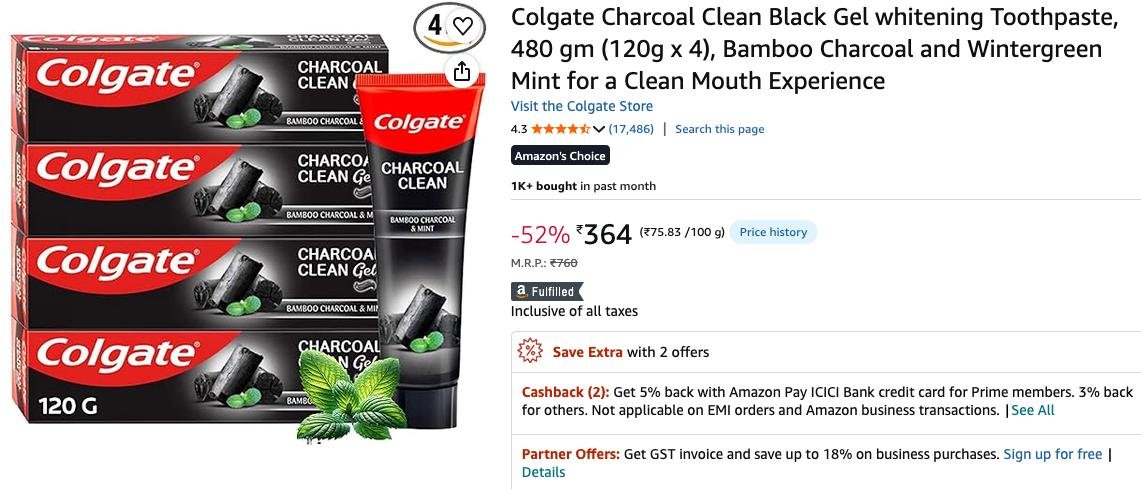 Colgate Charcoal Clean Black Gel Whitening Toothpa