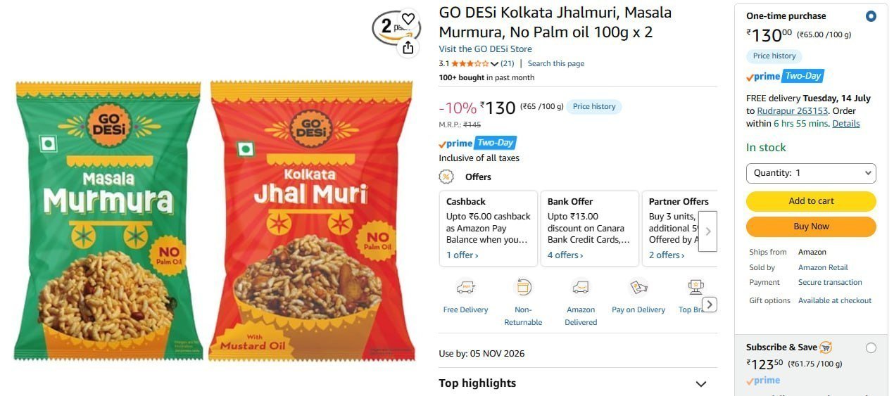 Kolkata Jhalmuri Masala Murmura (100g X 2) 130