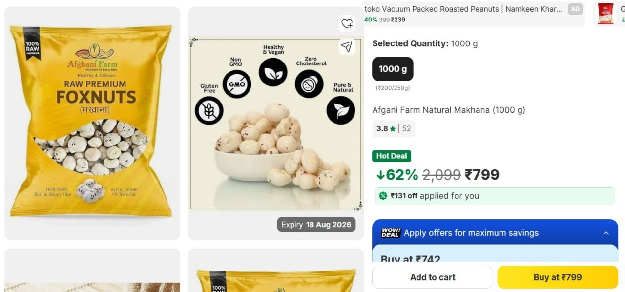 Grab Makhana 1 Kg 799 Regular 1k