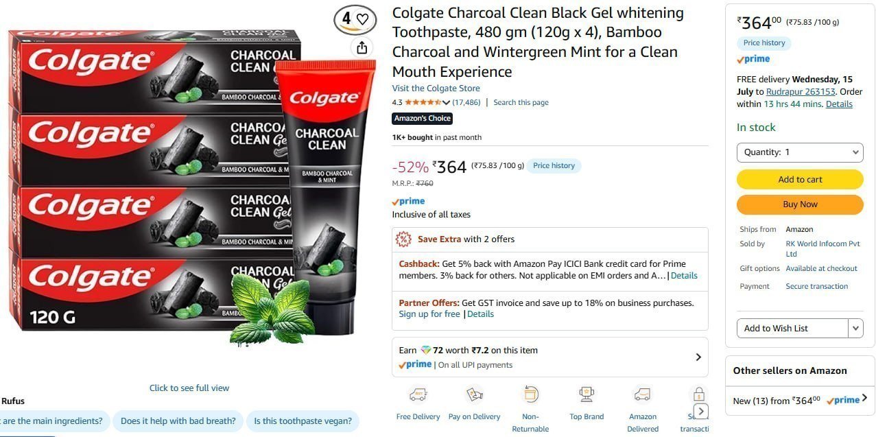 Colgate Charcoal Toothpaste (120g X 4) 364