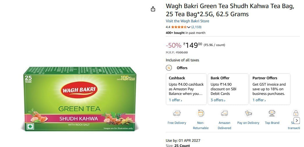 Wagh Bakri Green Tea 25 Tea Bag 149