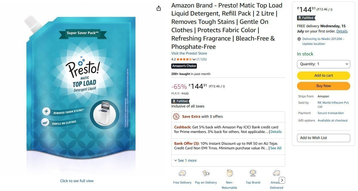 Presto Top Load Liquid Detergent 2 L 144 Buy Max Q