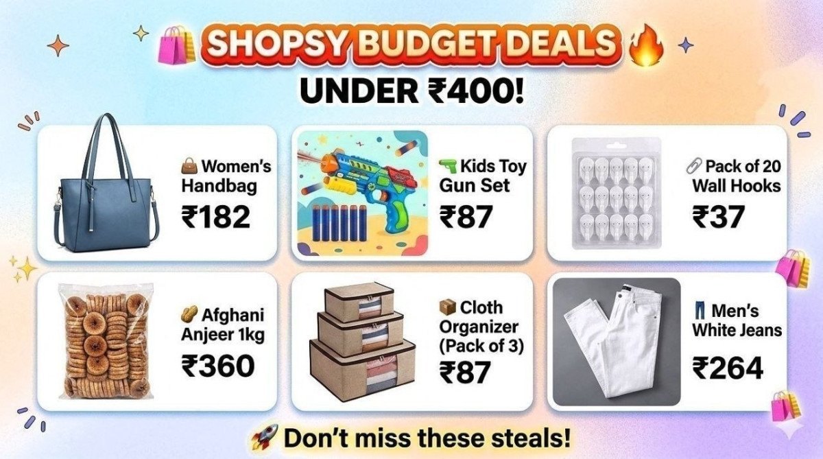 Shopsy Budget Deals Under 400 Womens Handbag 182 Kids Toy Gun Set 87 Pack Of 20 Wall Hooks 37 Afghani Anjeer 1kg 360