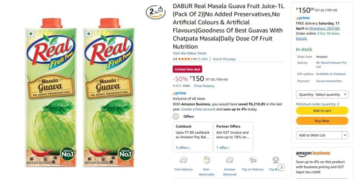 Dabur Real Masala Guava Fruit Juice (pack Of 2) 150