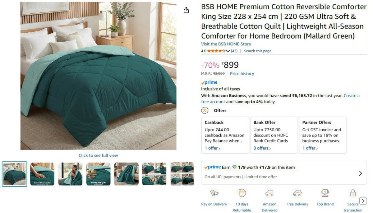 Reversible Comforter King Size @ ₹899