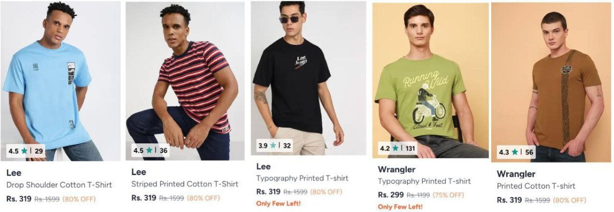 Myntra Loot : 80% Off On Branded Tshirts.

Wrangler : 
Lee :