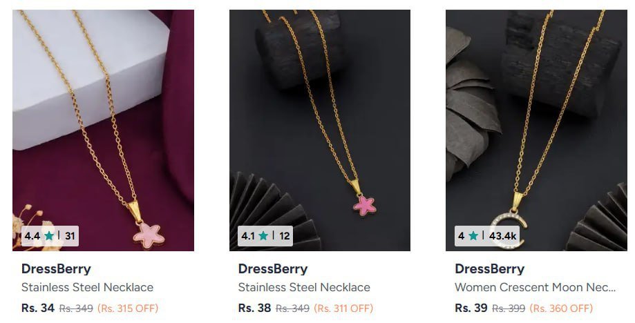 Myntra | Women's Necklace and Chains Under @99
🔗

Women's Earrings Under @199
🔗 

Women's Rings Under @199
🔗 

Men's Rings Under @199
🔗 

Men's Bracelet Under @199
🔗 

Women's Bracelet ...