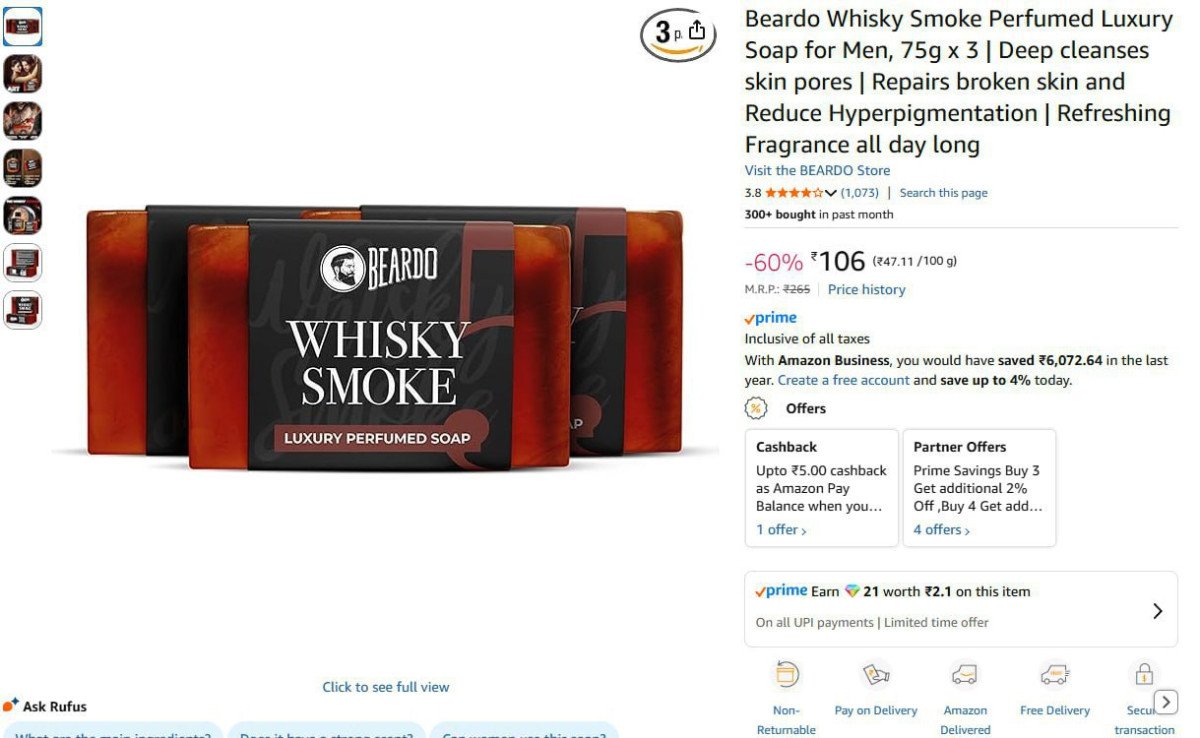 Beardo Whisky Smoke Perfumed Luxury Soap, 75g x 3 @106.