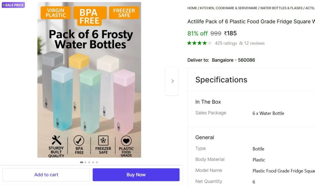 Pack of 6 Square Water Bottle @ ₹185