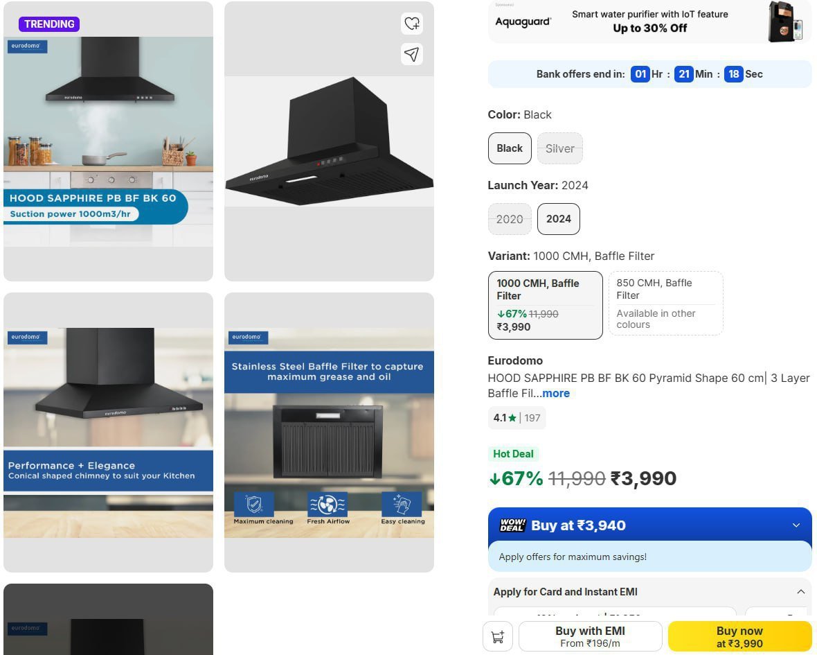 Eurodoma by Faber 60 cm, 3 Layer Baffle Filter 1000 CMH Chim