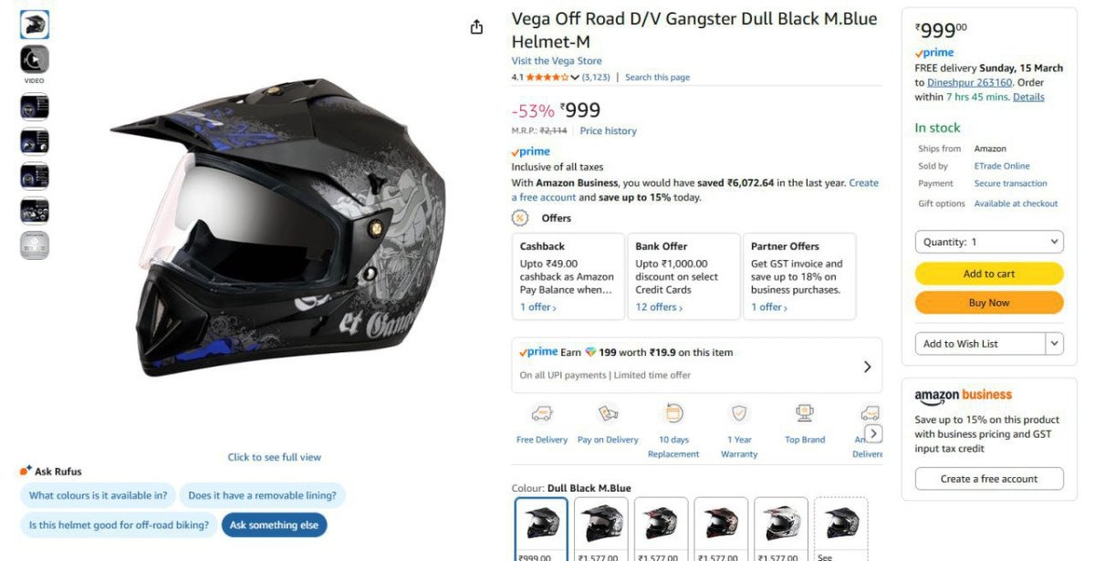Vega Off Road D/V Gangster Dull Black Helmet @999.