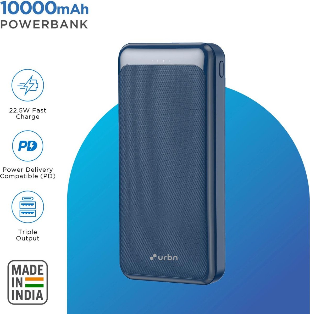 🔥🔥URBN 10000 mAh 22.5 W Power Bank (Blue, Lithium Poly