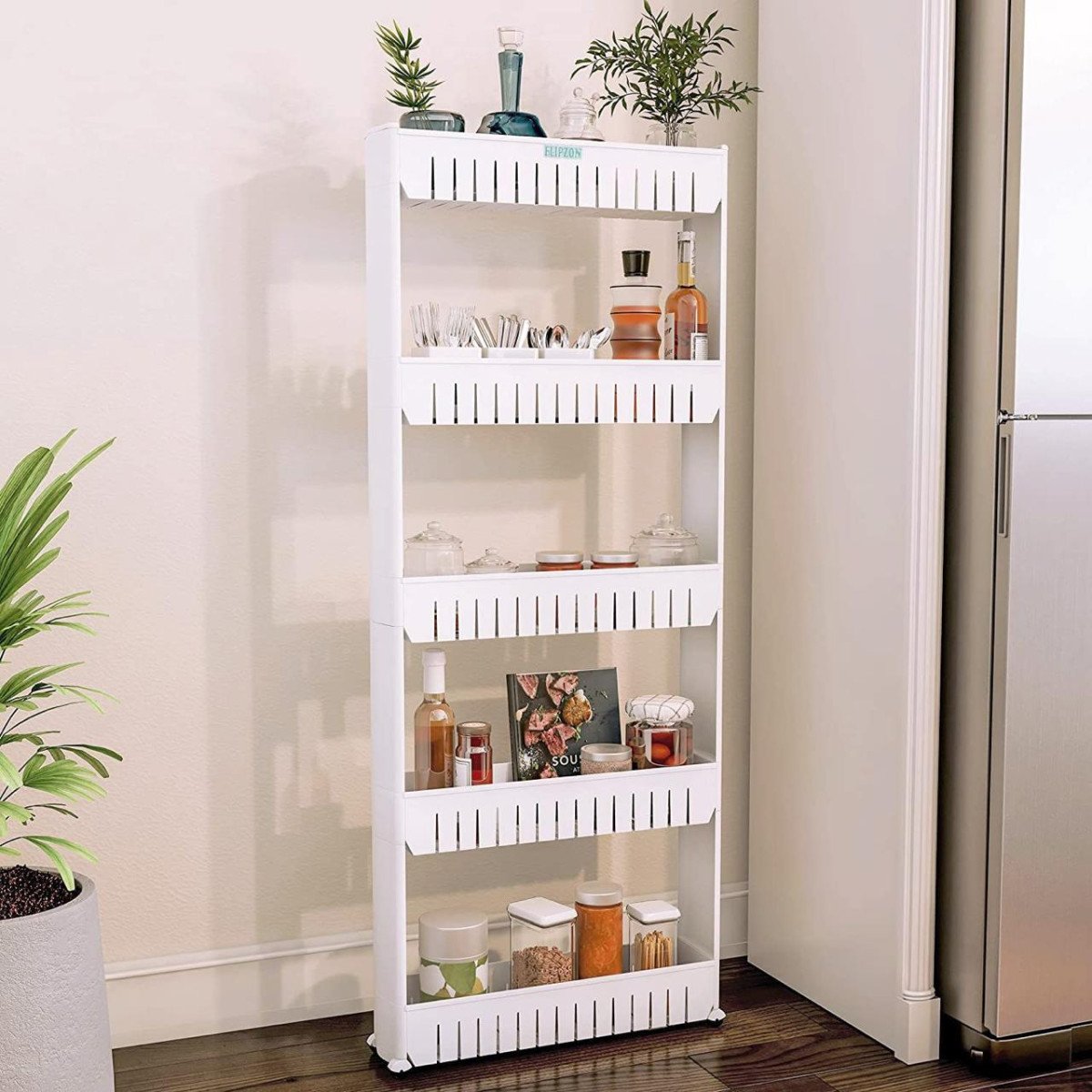 🔥🔥Slim Rolling Storage Rack – 5-Tiered Shelf Plastic