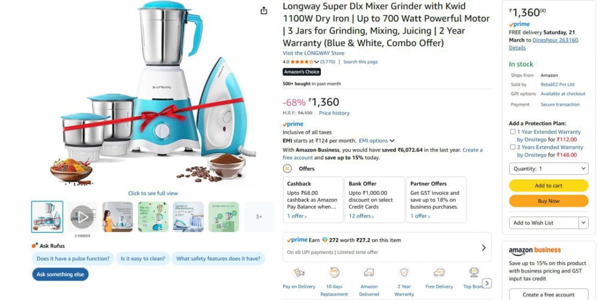 Longway 3 Jar Mixer Grinder with Dry Iron at ₹1360