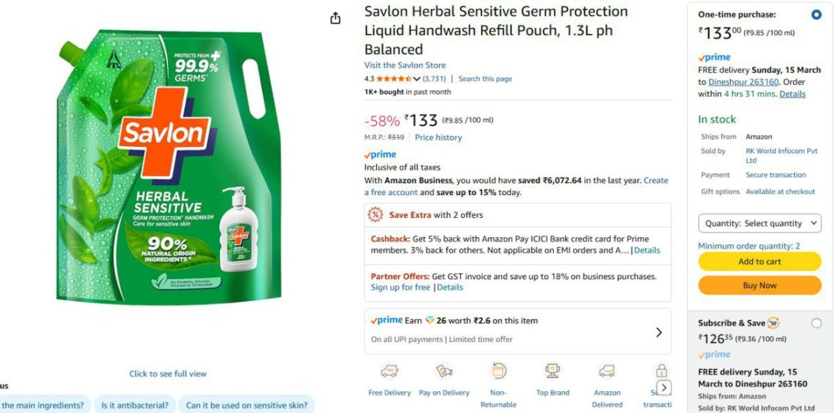 Savlon Herbal Liquid Handwash Refill, 1.3L @133.

Min 2 :