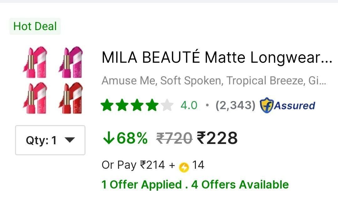 ✅  Loot : Mila Beaute Lipstick Combo ( Pack of 4) @ 228


