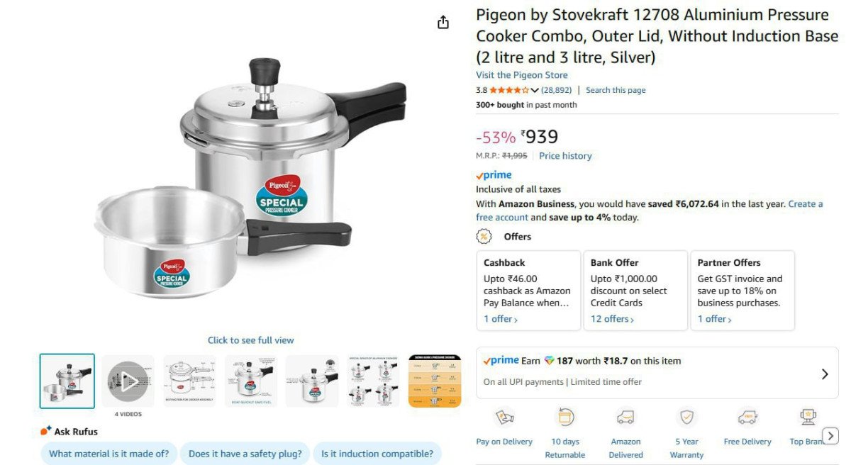 Pigeon Aluminium Pressure Cooker Combo 2L & 3L @ 939.