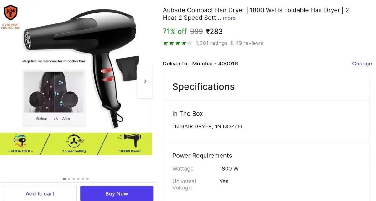 🔥Hair Dryer (2 Speed, 2 Heat) at ₹283

👉