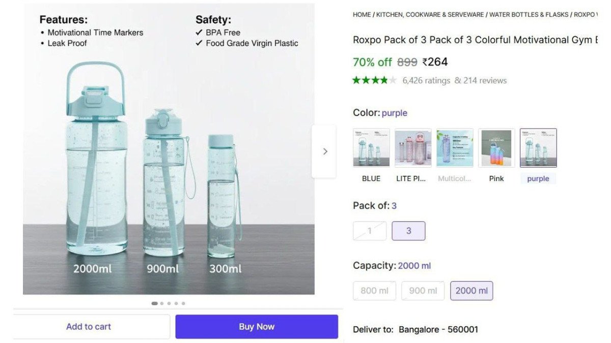 |Water Bottle Set of 3 @ ₹264
