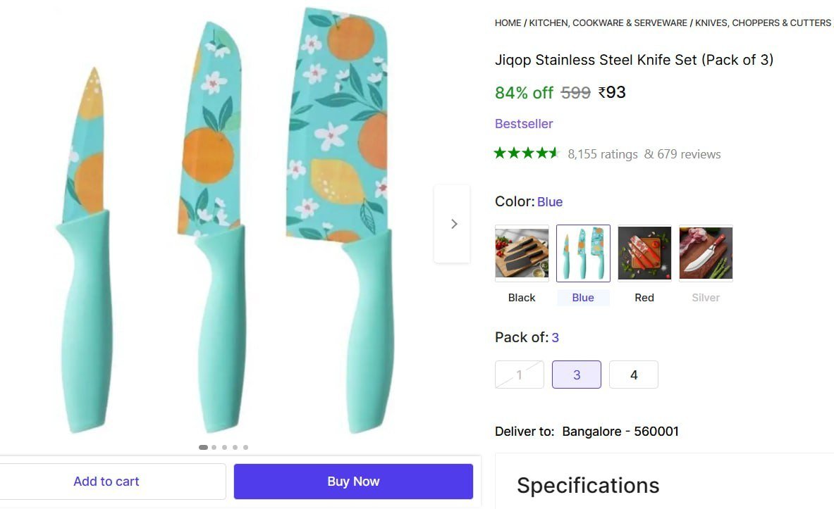 Stainless Steel Knife Set (Pack of 3) @ ₹93

👉