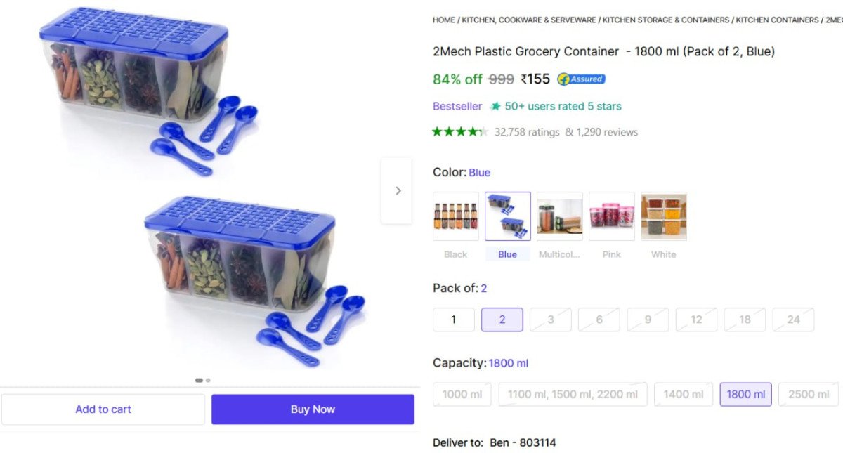 🔥  Plastic Grocery Container  - 1800 ml (Pack of 2) @