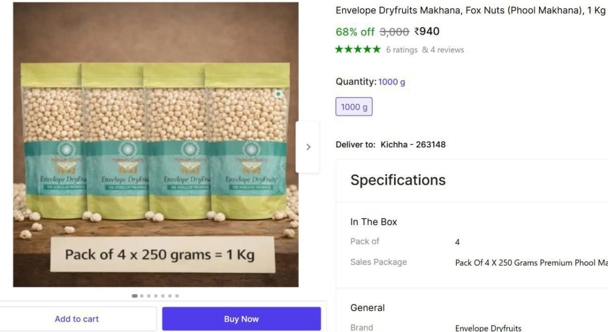 🔥  Lowest : Makhana, 1 Kg (250g x 4) @940.

🔗