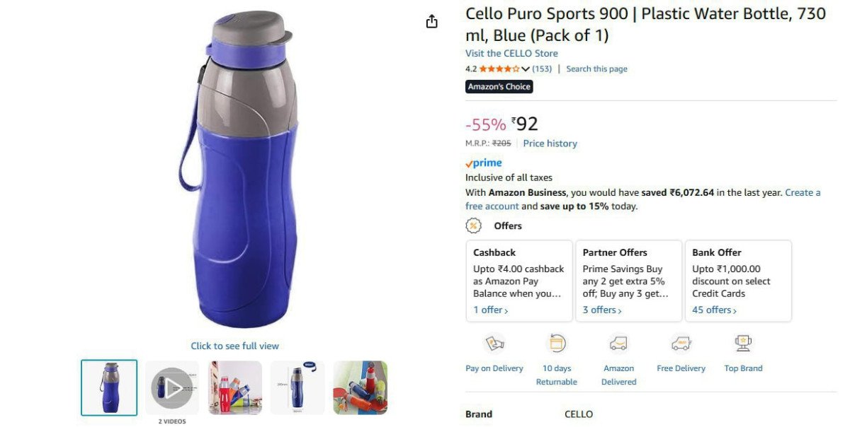 Cello Sports Water Bottle, 730ml @92.