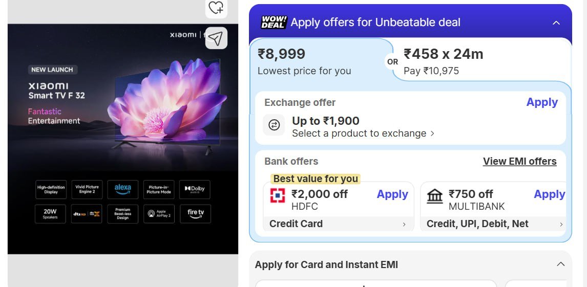 Xiaomi (32 Inch) Smart TV at ₹8999*



Flat ₹2000 Off on