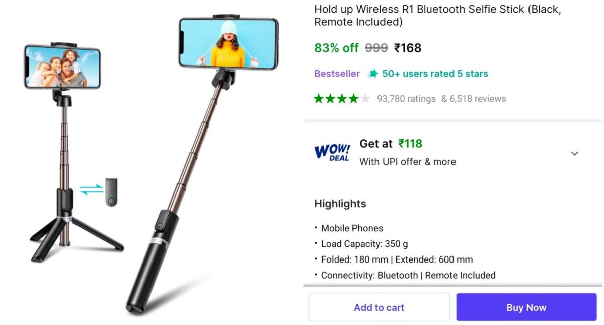 🔥Selfie Stick cum Tripod with Bluetooth Remote at ₹168

