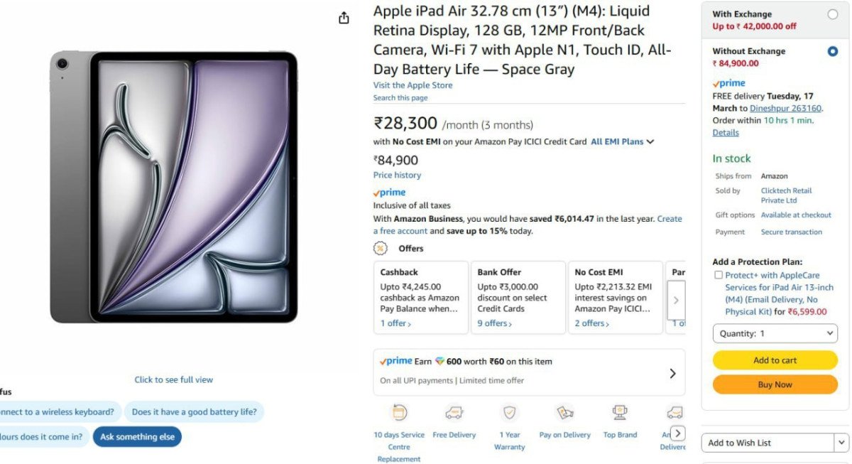 Apple iPad Air 32.78 cm (13″) (M4) @81990 Using Card



iP