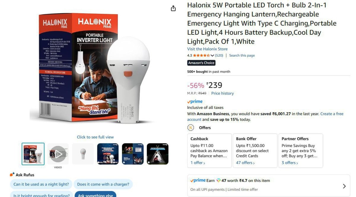 Halonix 2-In-1 Rechargeable/Portable LED Torch + Bulb @ 239.