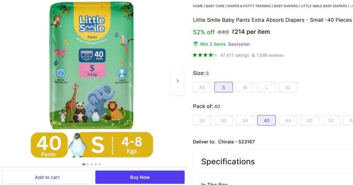 🔥  Little Smile Baby Pants Diapers S 40 Pcs @ ₹214

