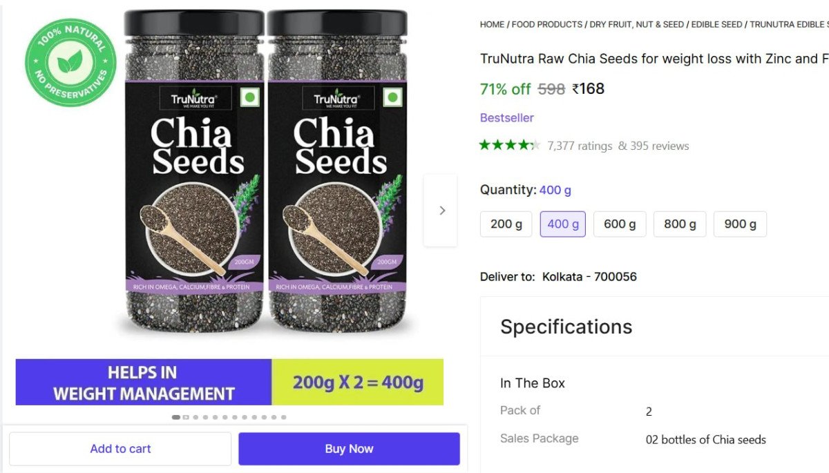 🔥  TruNutra Raw Chia Seeds (400 g, Pack of 2) @ ₹16