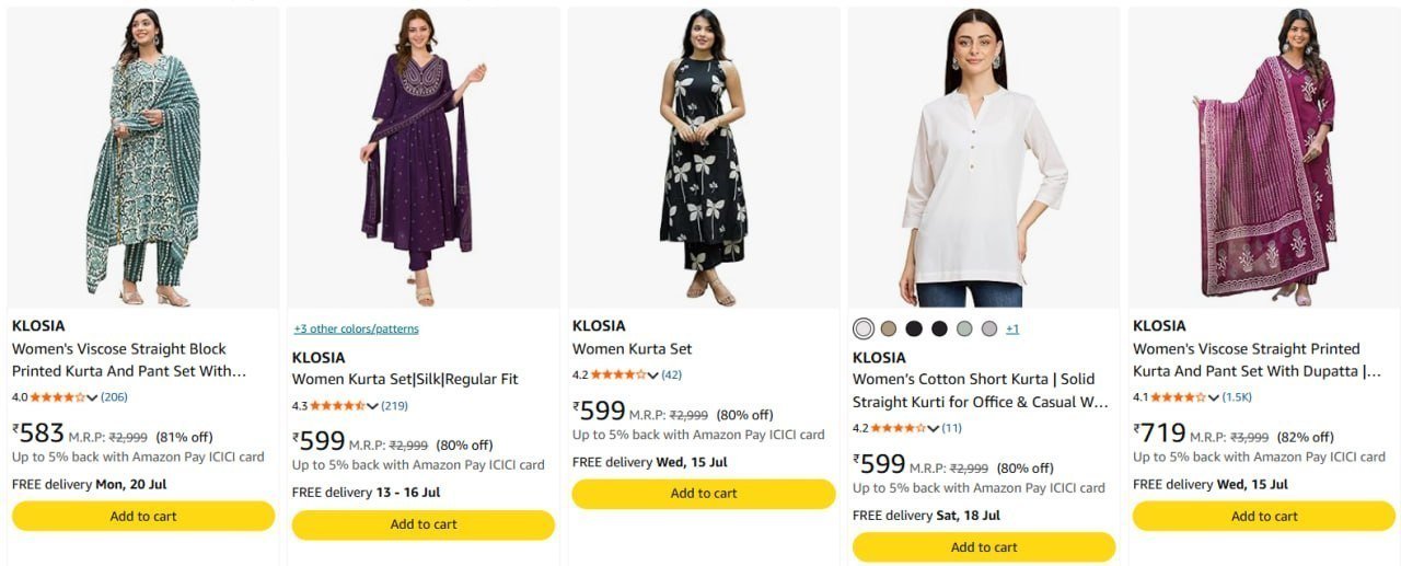 86 On Klosia Women Kurti Sets