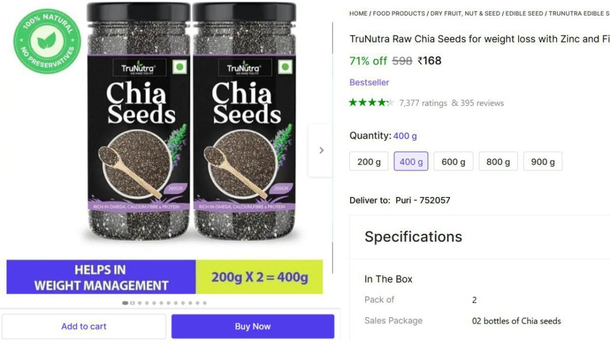 TruNutra Raw Chia Seeds (400 g, Pack of 2) @ ₹168



More 
