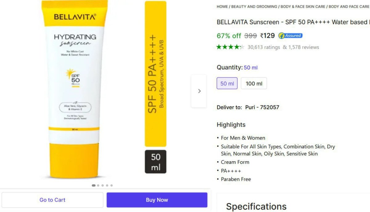 Bellavita Hydrating Sunscreen SPF 50 PA++++, 50ml @129.



M