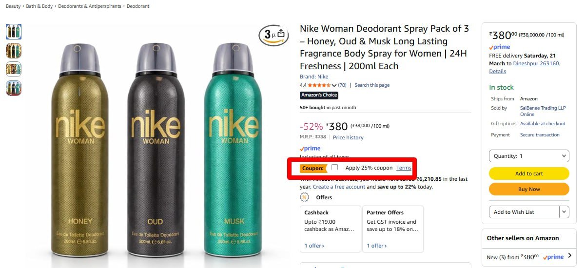 Nike Woman Deo Pack of 3 @ Rs.285



Apply 25% Off Coupon

M