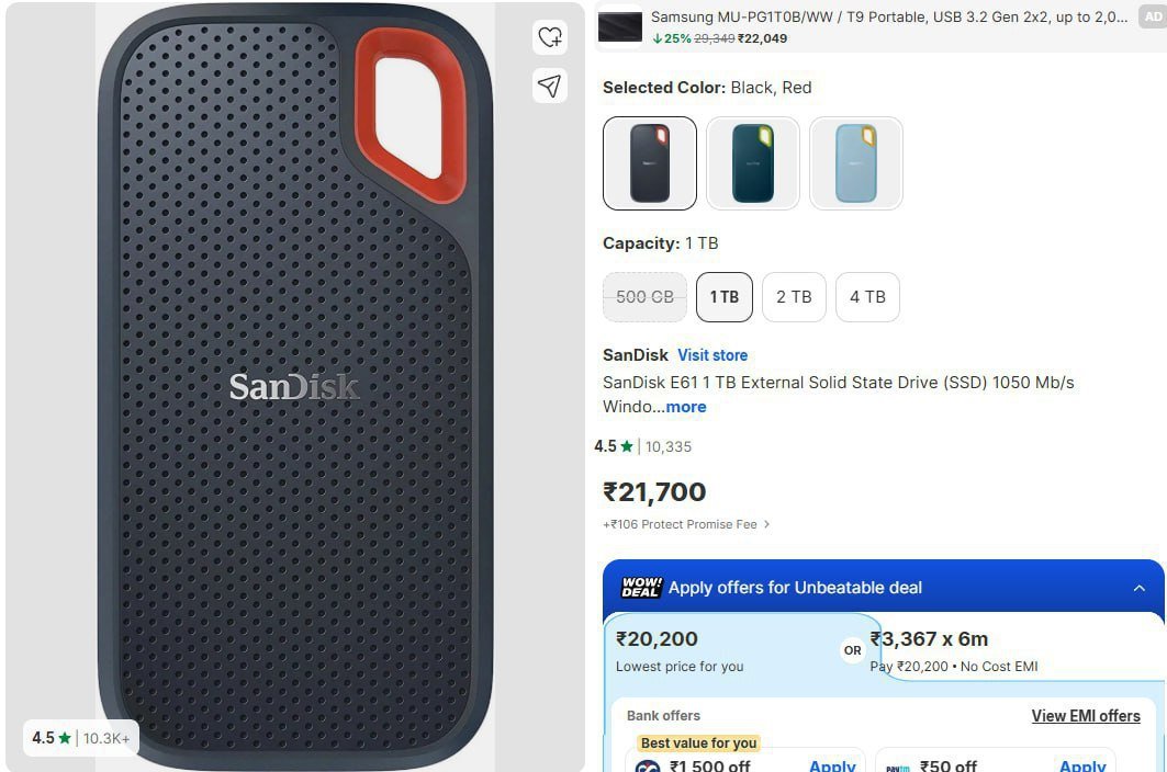 SanDisk E61 1TB External SSD @19,600*
 


₹600 Off With 60