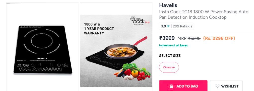 Myntra | Havells TC18 Induction cooktop at 3999 + Flat 20% w