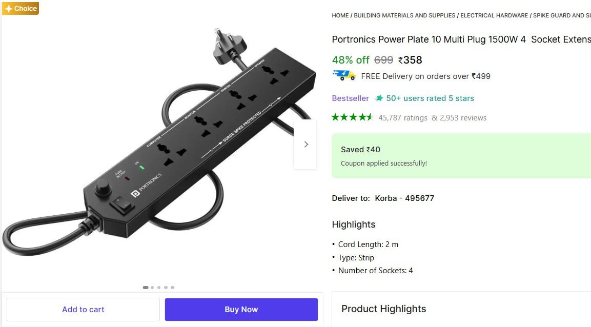 🔥  Portronics 10 Multi Plug 4  Socket Extension Board