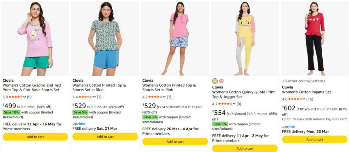 Upto 85% Off On Clovia Women's Clothing.

Pyjama Set : 
Nigh